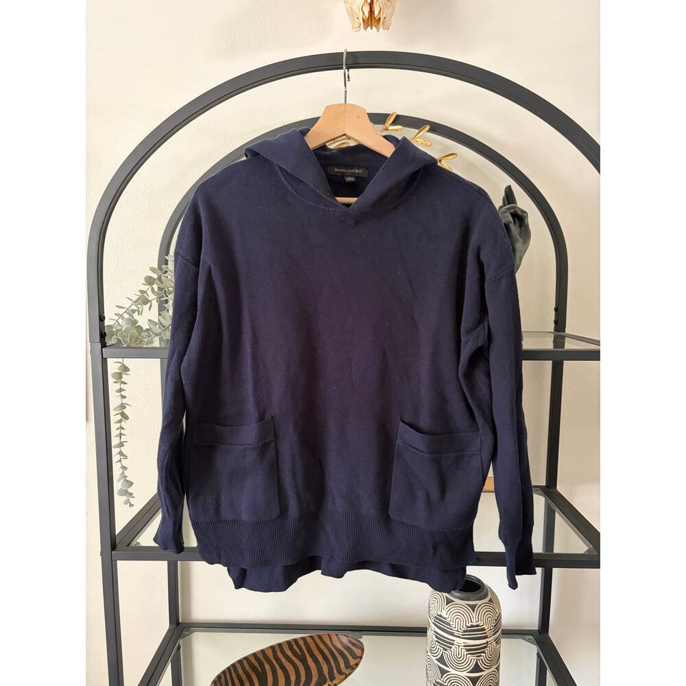 Banana Republic Womens Small Navy Knit Hoodie Sweater Pullover Pockets Casual